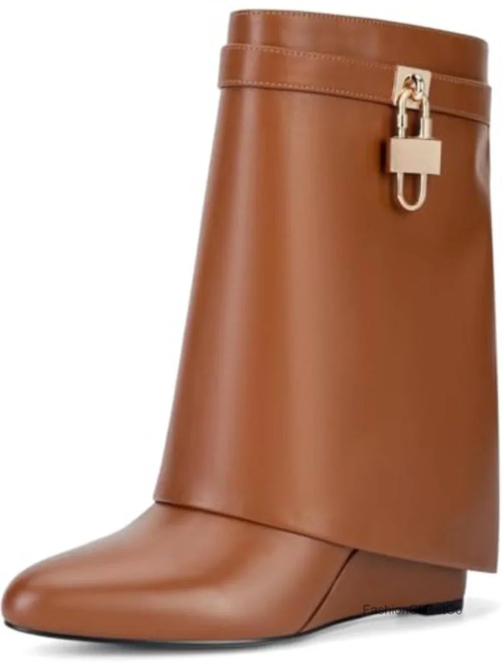 Fold Over Mid Calf Wedge Heel Pull On Padlock Ankle Boots Faux Leather